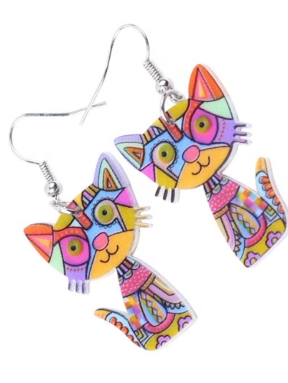 Whimsical Multicolor Cat Dangle Earrings - Picture 2 of 7